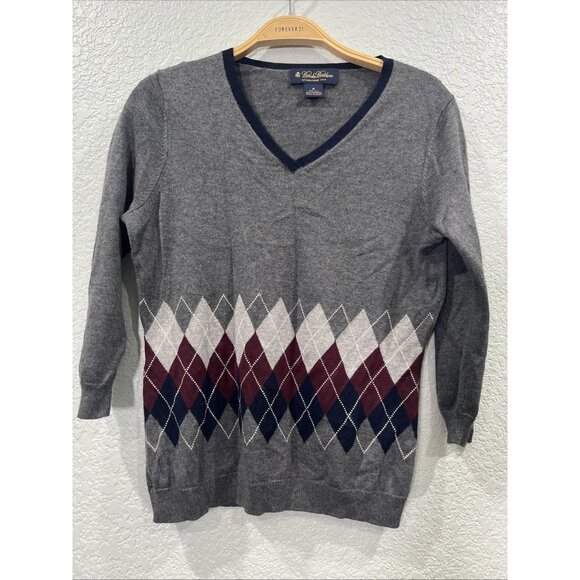 Brooks Brothers Sweater Womens Sz M Gray Silk Cashmere Argyle V Neck Preppy Y2K - Picture 1 of 6